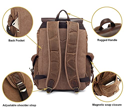 Image of HuaChen Waxed Canvas & Leather Backpack for Men Women,Vintage Travel Rucksack,Large Daypack Casual Hiking Bag - M80 Khaki