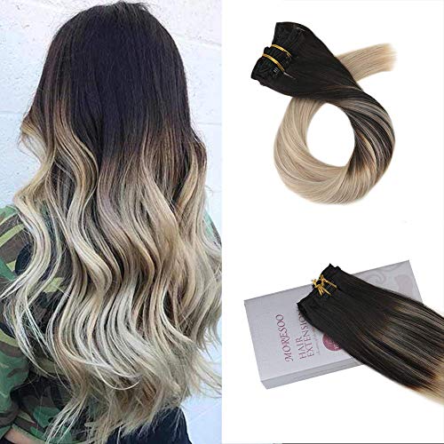 Moresoo 16inch Clip in Hair Extensions Human Hair Remi Human Hair Extensions Straight Hair Clip Color #1B Black Fading to #18 and #60 Blonde 7PCS 120G Full Head Hair Extensions Double Weft Clip in