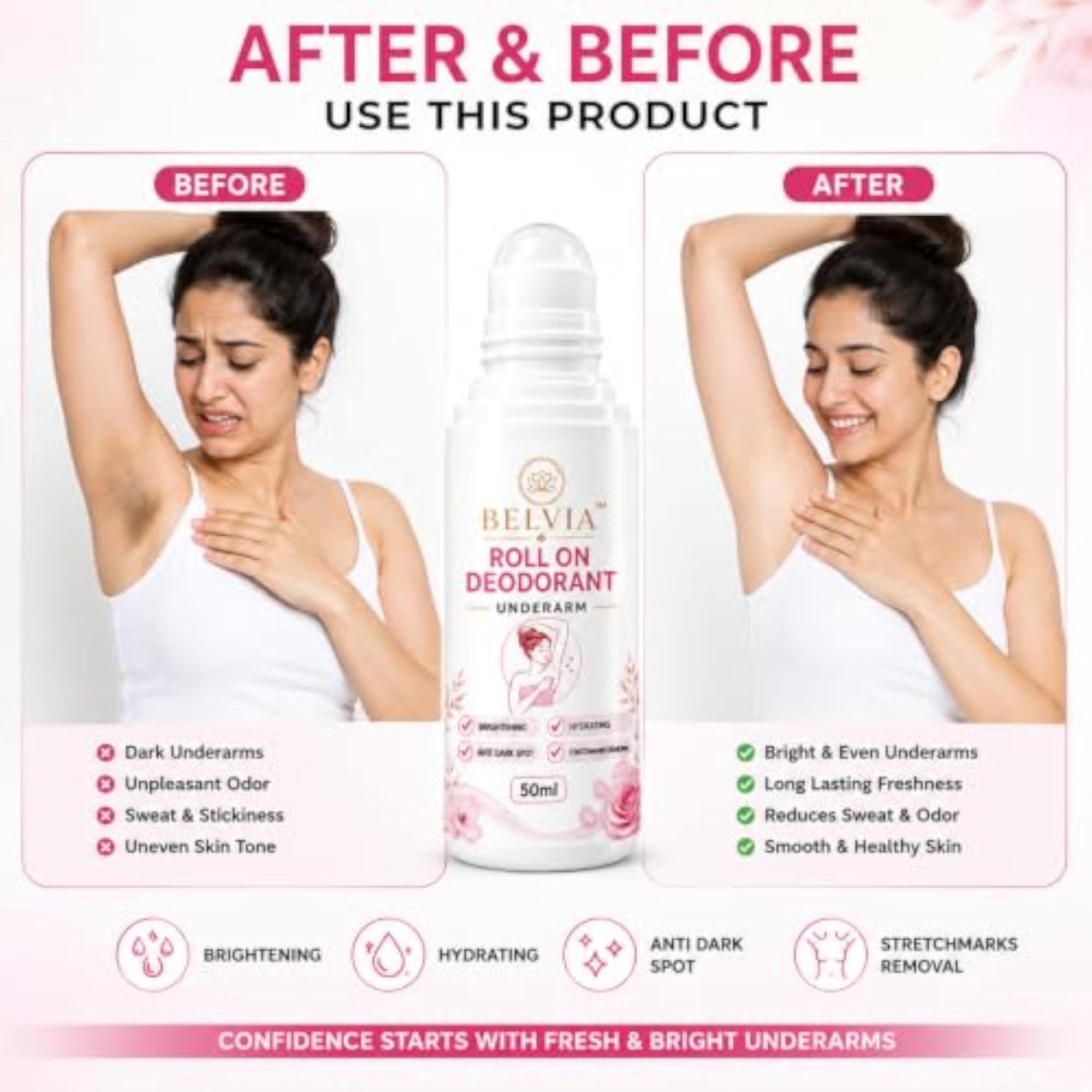 Roll on Deodorant Underarm, Pack of 2, 50ml Each