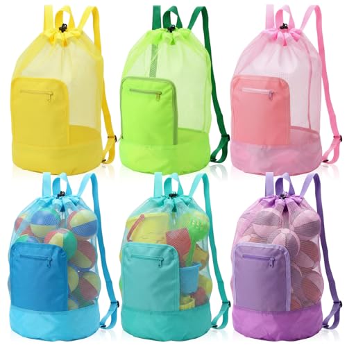 Sunnymove 6 Pcs Mesh Beach Bag Mesh Drawstring Backpack Portable Bath Organizer for Camping Swimming Pool Gym Travel Bathroom, 6 Colors
