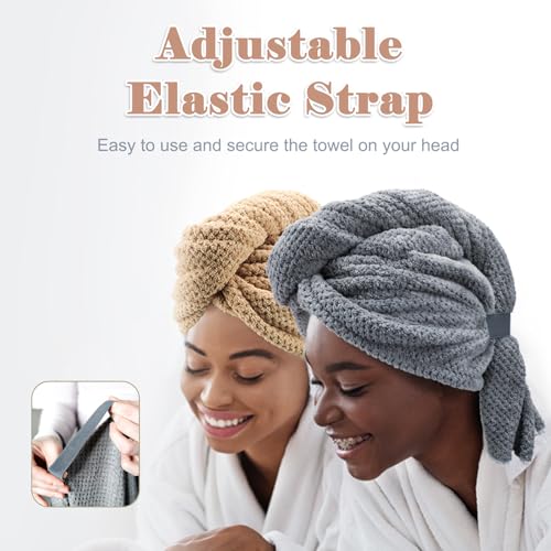 FREATECH 2er-Pack Großes Mikrofaser Handtuch Haare 86 x 26 cm, Dicke Super Saugfähige Haarturbane für Nasses Haar, Frauen Anti-Frizz Haartrockentuch mit Gummiband, Langes Dickes Lockiges Plopphaar
