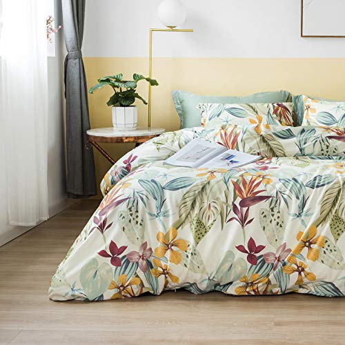SUSYBAO Tropical Flower Duvet Cover King 100% Egyptian Cotton Yellow Floral Duvet Cover 3 Pieces Set 1 Green Vintage Plant Pattern Duvet Cover with Zipper Ties 2 Pillowcases Red Botanical Bedding - Image 2