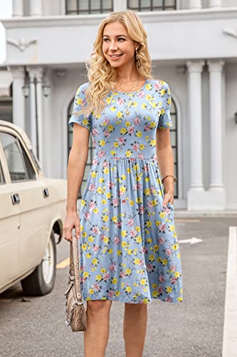 Image of DB MOON Women Summer Casual Short Sleeve Dresses Empire Waist Dress with Pockets