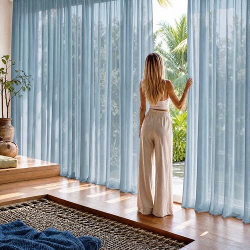 Image of NICETOWN Stone Blue Voile Sheer Curtains 96 inches Long, Rod Pocket Lightweight Drapes Voile Sheer Air & Breathable Vintage Window Treatments for Living Room, W42 x L96, 2 Panels