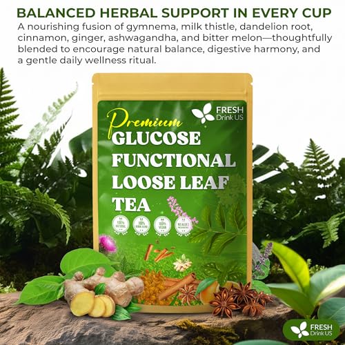 Image of FreshDrinkUS, Glucose Functional Loose Leaf Tea | 4oz | Herbal Blend of Gymnema, Milk Thistle, Dandelion Root, Cinnamon & Ashwagandha - Naturally Caffeine-Free, Premium Quality, Balanced Flavor. Vegan
