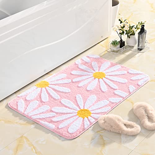 Pink Bathroom Rugs Cute Daisy Bath Mat White And Yellow Flower Decor Rug Non Slip Floor Carpet Microfiber Bathmat Super Absorbent Machine Washable Bahtub Mats For Shower, Tub, Bedroom 24"X 36" #TOP5