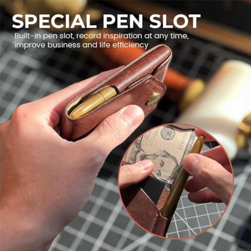 Vintage Handmade Leather Wallet,2025 New Multifunctional Compact Wallet,Built-In Pen Slot,RFID-Blocking Bifold Wallet (1Pc-Pen)4