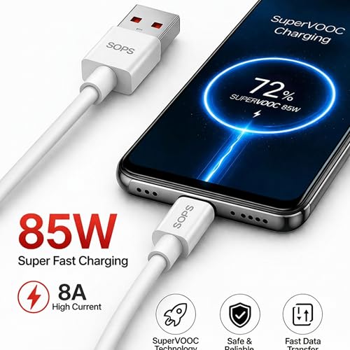 Image of 85W Fast Charging USB A to Type C Cable, 8A High Speed Charging & Data Sync Cable, Premium TPE USB C Charger Cable, Reinforced Connectors, 1 Meter, Compatible with USB Type-C Smartphone, White