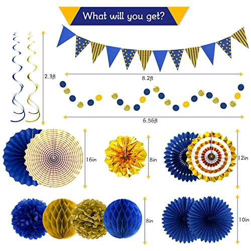 Image of Blue Gold Party Decorations, Graduation Season Hanging Glitter Triangle Flags Banner Paper Fan Tissue Pom Poms Garlands, Boy Men Party, Bridal Shower, Navy Blue Themed Birthday