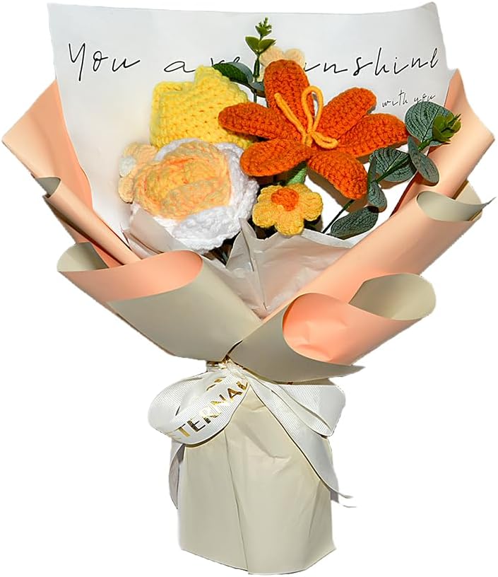 Crochet Handmade Flowers Bouquetfor Women - 3 Flowers Completed Crochet Bouquet Gift for Best Friend Girlfriend Festival Wedding Graduation Anniversary (Orange)