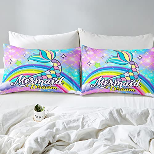 Mermaid Bed Sheets For Girls, Rainbow Fish Scales Sheet Set Queen Size, Ocean Life Sea Animal Fitted Sheet For Kids Boys Teens Adult Bedroom,Fantasy Marine Life Top Sheet With 2 Pillow Cases #TOP4