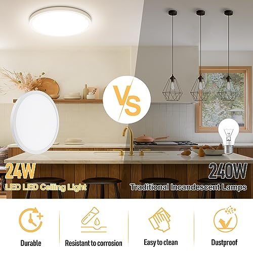 SunRider 2-Pack LED Flush Mount Ceiling Light Fixture, 4000K Neutral White, 2400LM, 12 Inch 24W 240W Equiv. Round Flat Ceiling Lights, Non-Dimmable by SunRider - Used condition - Image 4