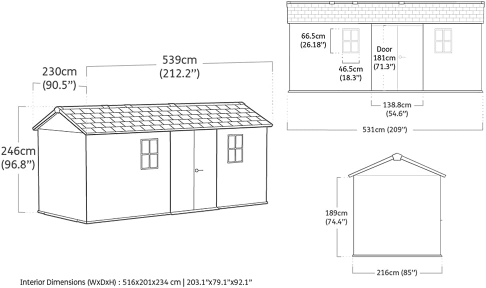 Technical drawing with dimensions for front entry shed configuration