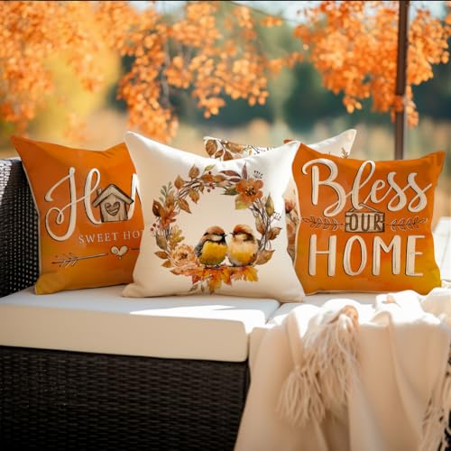 Image of RABUSOFA Fall Throw Pillow Covers 18x18 Inch Set of 4,Bird Floral Blessed Autumn Decor Thanksgiving Outdoor Orange Farmhouse Cushion Case Decoration for Home(Orange, 18 inch x 18 inch)