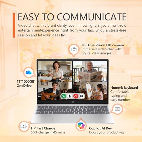 Image of HP 15.6 inch Laptop - Complete Productivity Solution, Windows 11 with Microsoft Office, Intel 4 Core N100, 8GB RAM, 128GB UFS, 512GB SD Card, Copilot AI, Lightweight - Silver
