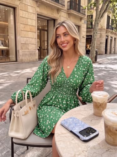 Image of Dokotoo Womens Dresses Boho Floral V Neck Long Sleeve Smocked Elastic Waist Casual A-Line Mini Dress Sundress