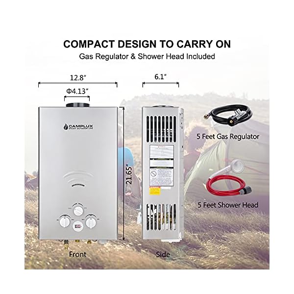 CAMPLUX Tankless Water Heater Propane, 2.64GPM Portable Water Heater for Off Grid, Camping, Outdoor Shower, 68,000 BTU Portable Hot Water Heater, BW264G, Gray - Image 6