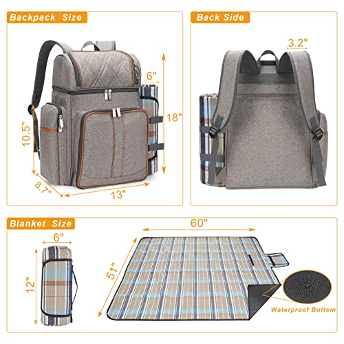 Picnic Backpack for 4, Picnic Basket Set, Leakproof Picnic Bag, Beach Cooler Backpack with Insulated Cooler Wine Pouch,Picnic Blanket, Double Deck Picnic Backpack for Beach,Camping,Park(BrushedKhaki) - Image 4