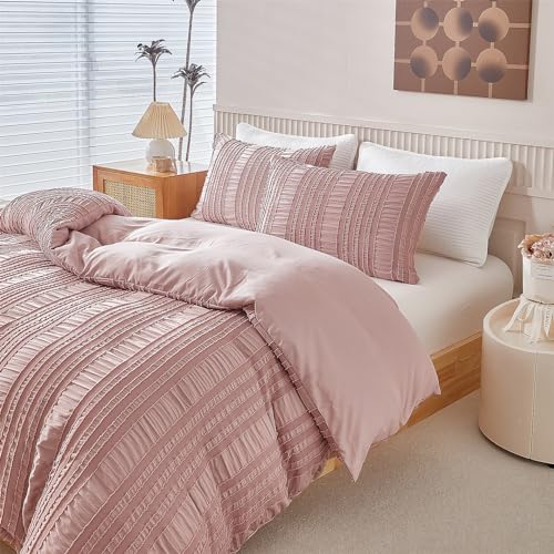 YASMENG Seersucker Ropa de cama de 220 x 240 cm, diseño de rayas, color rosa viejo, estilo bohemio, 3 piezas, suave y transpirable, microfibra, funda nórdica con cremallera y 2 fundas de almohada de