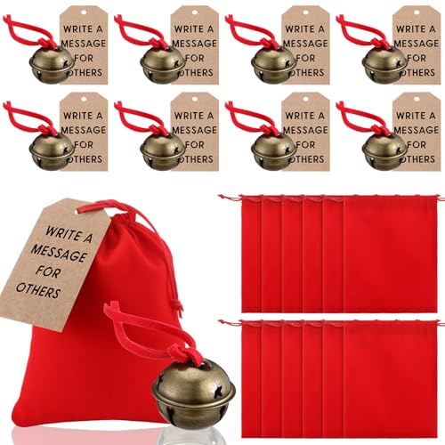 Maasechs 6 Sets Krampus Bells Gift Vintage Sleigh Bell Ornament Includes Antique Christmas Sleigh Bells Red Velvet Bags Kraft Tags for Christmas Tree Crafts Krampus Decoration Polar Train Party Gift