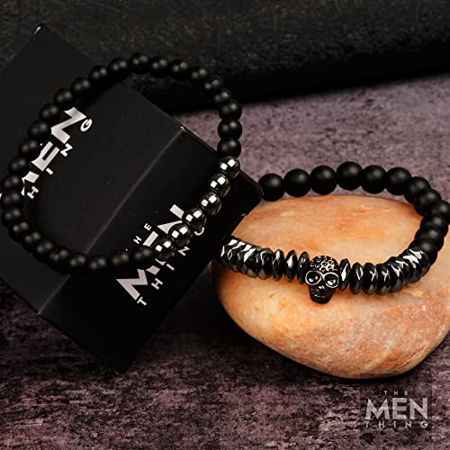 Image of THE MEN THING LAVA EMBRACE SKUL DUO- Black Silver tone - Beads Bracelet with Natural Volcanic Stone - 7inch Stretch Bracelet