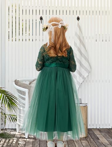 Girls Dresses Lace Flower Girl Dresses Green Quarter Sleeve Satin Bowknot Mesh Tulle Dress for Litter Girl Wedding2