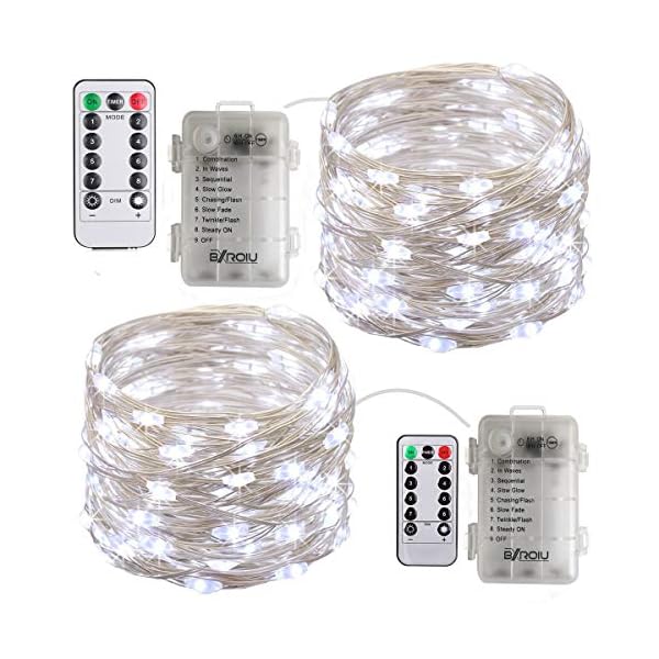 Bxroiu 2 x fairy lights battery operated, silver wire chains 8 mode 5m 50 leds timer string lights with remote control for bedroom christmas party wedding decoration - image 8
