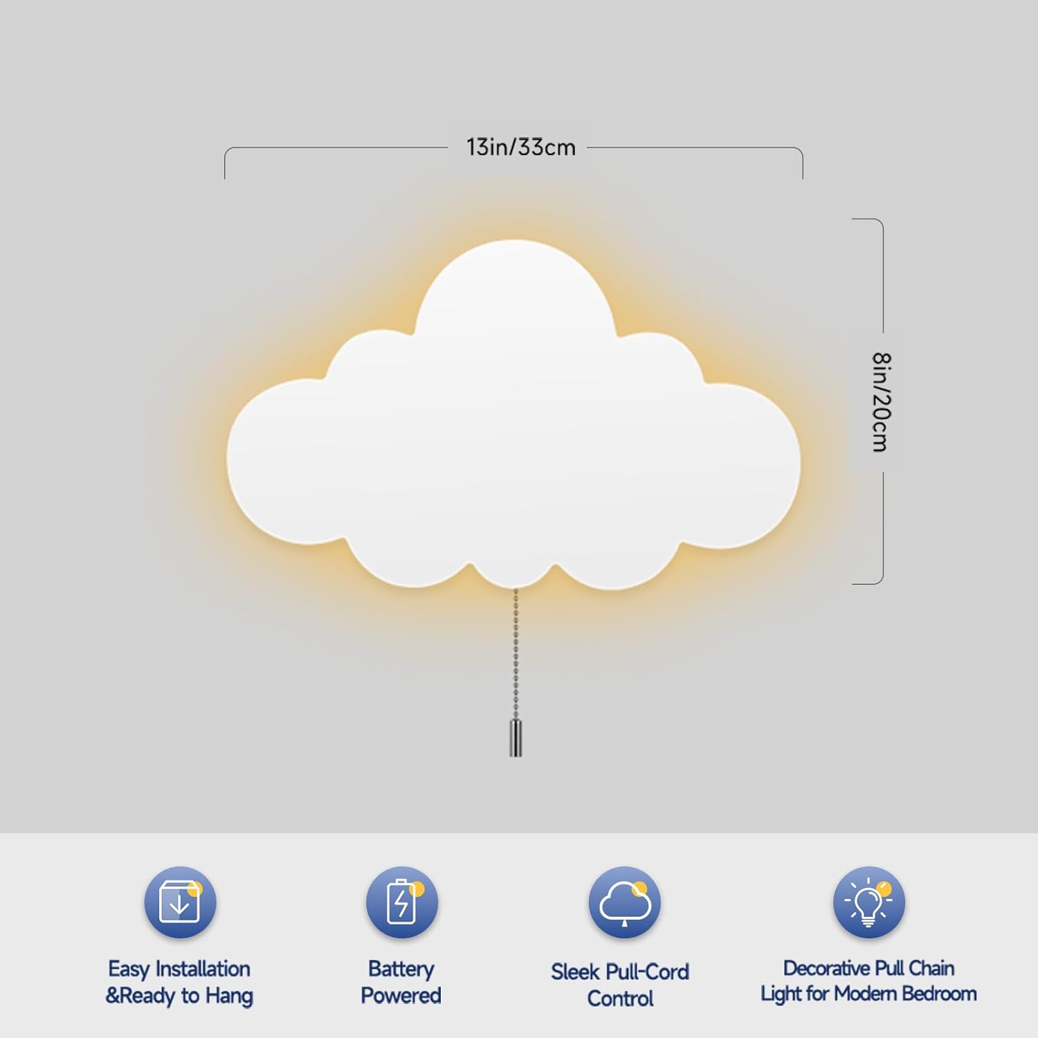 2 Pack Cloud Light - Battery-Powered Wall Lamp for Nursery, Kids Bedroom & Baby Room, 3000K Warm Night Light with Pull-String Switch, Cordless 3.7V, Lightweight 13x8in (No Charging Needed)