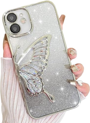 Image of SHINESTAR 3D Butterfly Case for iPhone 12 Cover, Cute Girly Glitter Bling Luxury Back Cover for Women Girls Protective Shockproof Slim Camera Protection (or iPhone 12 - Silver