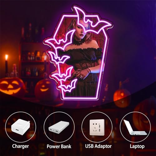 Image of Coffin Bat Neon Mirror, Gothic LED Coffin Sign, Spooky Bat Neon Light Sign, Gothic Room Wall Art, Makeup Mirror, Halloween Neon Sign 20″x14.6″