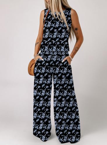 Image of Dokotoo Pants Sets Women 2 Piece Outfits Sleeveless Round Neck Tank Tops Matching Sets for Women Elastic Waist Wide Leg