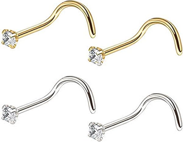 2 Paires De Clous De Nez Spirale Dorés, Clous De Perçage Du Nez En Zircon, Acier Inoxydable - 1