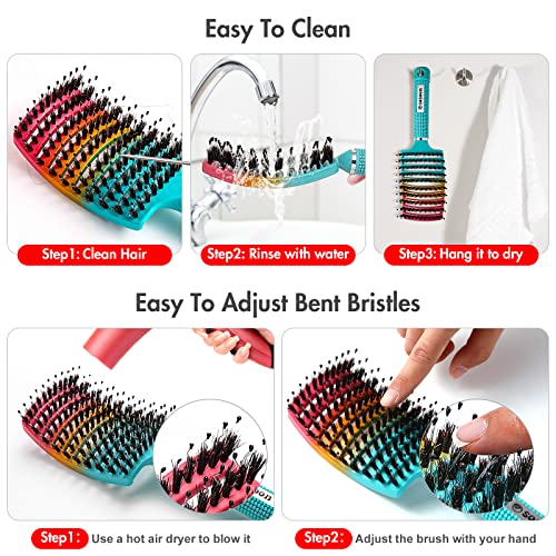 Hair Brush, Sosoon Upgraded Boar Bristle Detangling Brush For Fast Blow Drying, Curved Vented Styling Hairbrush With Ultra-Soft Bristles For All Hair Types For Men Women Kids Wet & Dry Hair, Multicolored #TOP6
