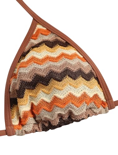 ZAFUL Women's Colorblock Stripes Triangle Halter Tied Cheeky Thong Bikini Set High Cut Two Piece Bathing Suit3