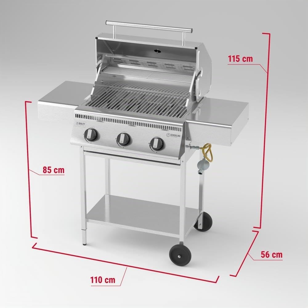 Schickling Gasgrill "Henry L - Classic" Premium BBQ Grillwagen komplett aus Edelstahl mit 3 Brennern & Doppelwandigem Deckel – Made in Germany: 3-teiliger Grillrost | Grillfläche: 55 x 33 cm