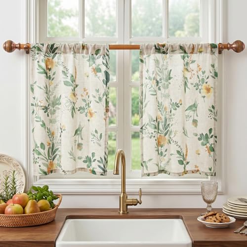 Image of MYSKY HOME Floral Kitchen Curtains 24 Inches Linen Tier Curtains 2 Panesl | Farmhouse Green Flower Patterned Small Window Treatments Airy Light Filtering Rod Pocket for Living Room Bathroom, Each 26 inch W