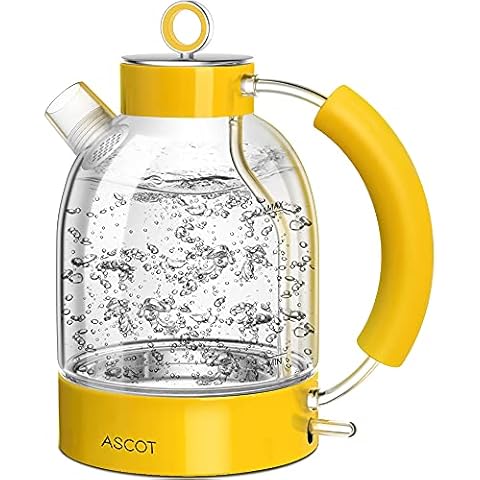ASCOT Wasserkocher Glas, Elektrischer Wasserkocher Geschenke für Männer/Frauen/Familie 1,6L, Retro Leiser Schnellkochkessel, Trockengehschutz und automatische Abschaltung Cover