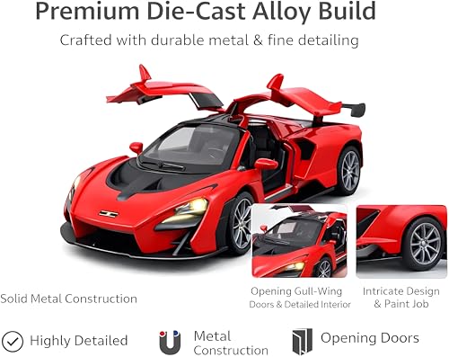 Image of 1:32 Scale Mc-Laren Model Super Car - Exclusive Alloy Metal Pullback Toy with Openable Doors, Lights, and Music for Kids (Red)