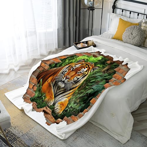 Plaid couverture polaire tigre de la jungle 200x220cm blanc pour canapé doux et chaud