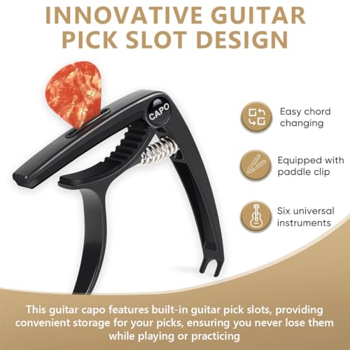 Image of HASTHIP Guitar Capo for Acoustic and Electric Guitar, Built in Picks Storage Alloy Guitar Capo with Protective Pad for Ukulele, Electric And Acoustic Guitars, Guitar Accessory