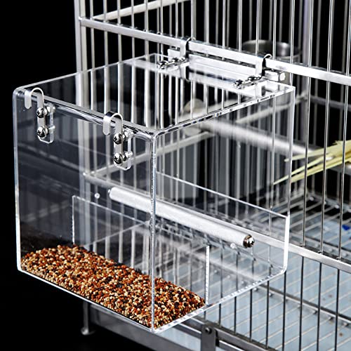 Image of No Mess Bird Feeder for Cage - Automatic Bird Feeder Transparent Food Container Acrylic No Spill Cage Seed Catcher with Stainless Steel Hooks for Parrot Parakeet Cockatiels Lovebirds