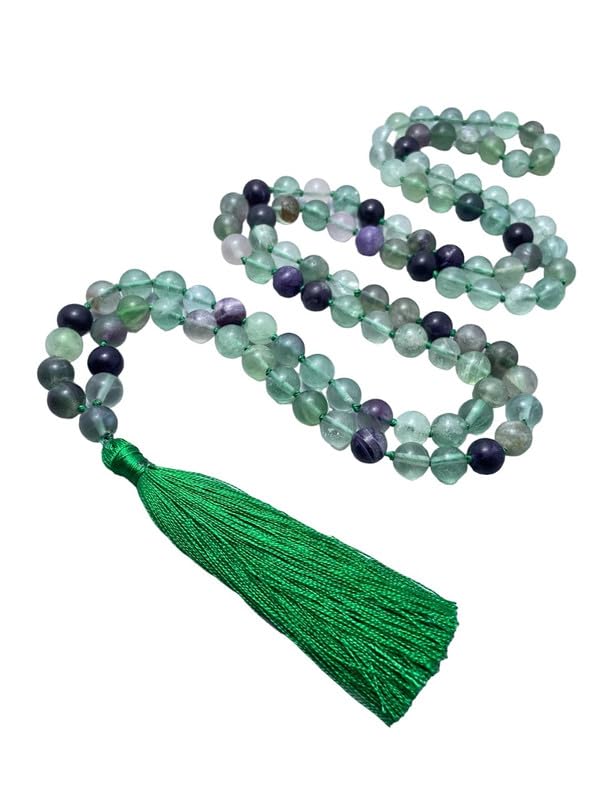 Collier Mala 108 perles AAA en pierre fine de multi-fluorite et pompon de soie