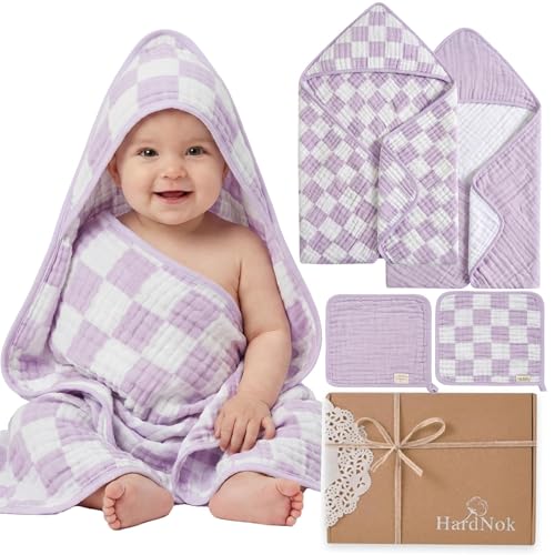 Image of HardNok 4-Piece Muslin Baby Towel Set - Made with Organic Cotton, (2) 6-Layer Bath Towels 32x32 & (2) Washcloths, Absorbent Bath & Beach, (Lavender)