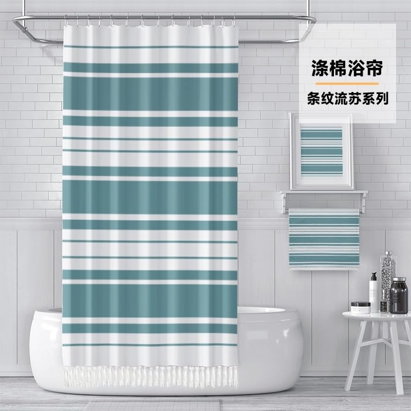 KIZAMI Rideau de Douche à Pompons 183 × 213 cm, Rideau de Douche à Rayures Simples, Rideau de Douche en Polyester-Coton, utilisé pour la Maison, l'hôtel, la Salle de Bain, Le Rideau de Douche