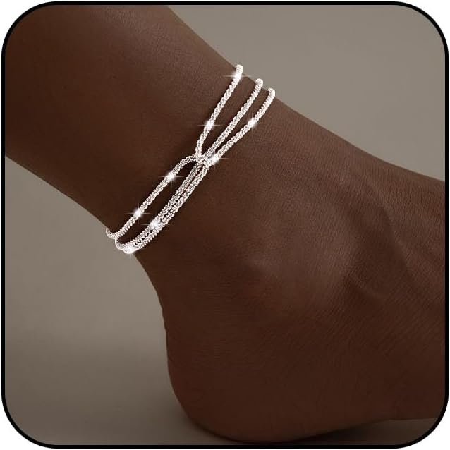 Gold/Silver Anklet for Women Ankle Bracelets Silver Waterproof Adjustable Anklet Layered Ankle Bracelet Sparkling Anklet Bracelets Women’s Anklets Silver Summer Beach Anklet
