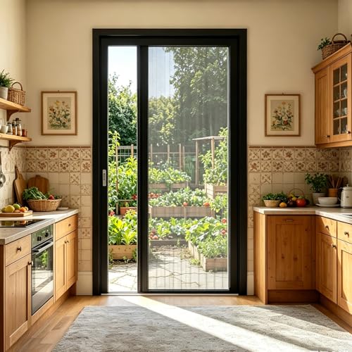 Image of Retractable Screen Door, 39x52 in No-Drill Quick-Grip Clamp Mount with Spring-Loaded Roll-Away Mesh, Low-Profile Aluminum Track, for Single French Sliding Doors, Apartment Patio Entryway Use Black