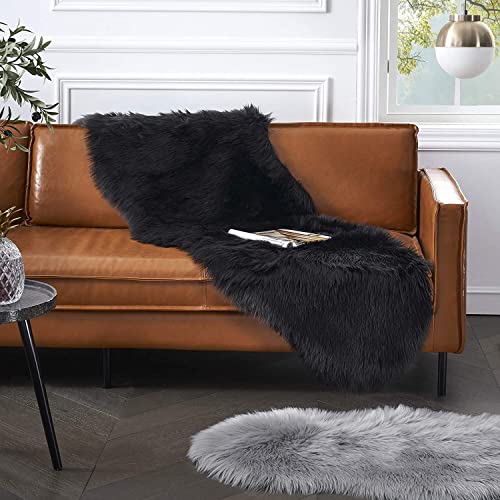 Faux Fur Rug For Bedroom, Fluffy Runner Rugs Soft Sheepskin Rug Sofa Couch Seat Cushion, 2X6Ft Black Plush Area Rug Shag Rugs Floor Carpets For Nursery Bedside, Cute Shaggy Fuzzy Home Decor #TOP5