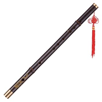 Honeytecs Professional Black Bamboo Dizi Flute Traditional Handmade Chinese Musical Woodwind Instrument Key of D Study Level