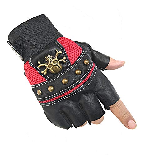 Men s Rock Biker Gothic Skull Sport Gloves Motorcycle Skeletal Rivet Cycling Driving Fingerless Mitten (Red)