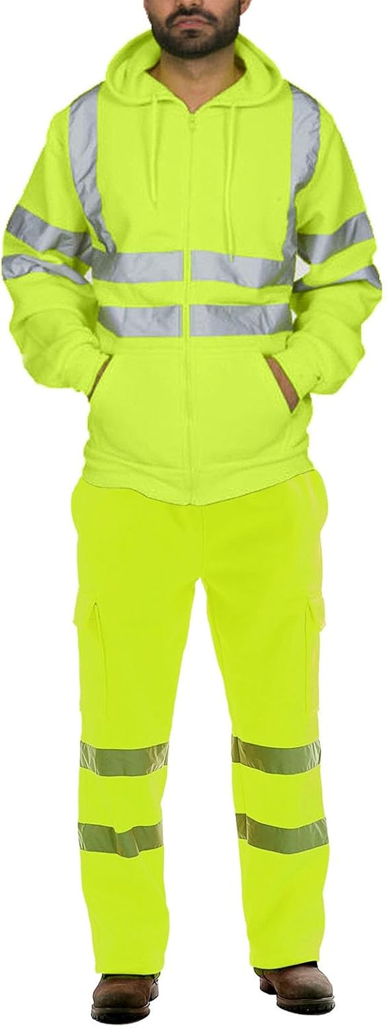Men's Reflective Hoodie Jacket and Cargo Pants Sets 2 Piece High Visibility Fleece Safety Suits for Road Work